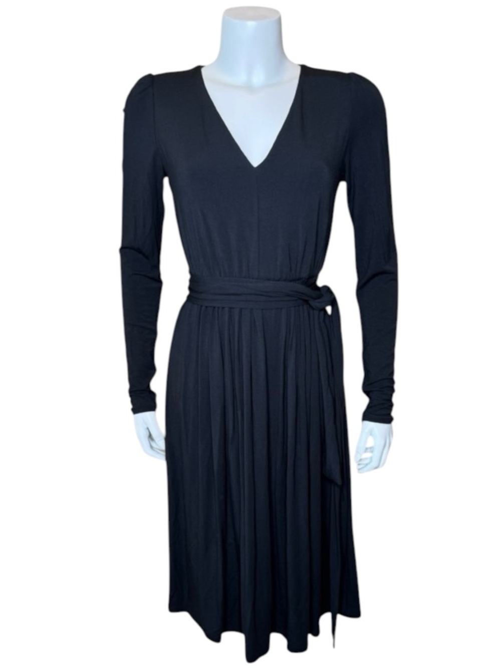 Rebecca Taylor V-neck Modal Dress S Long Sleeve Tie Belt Black